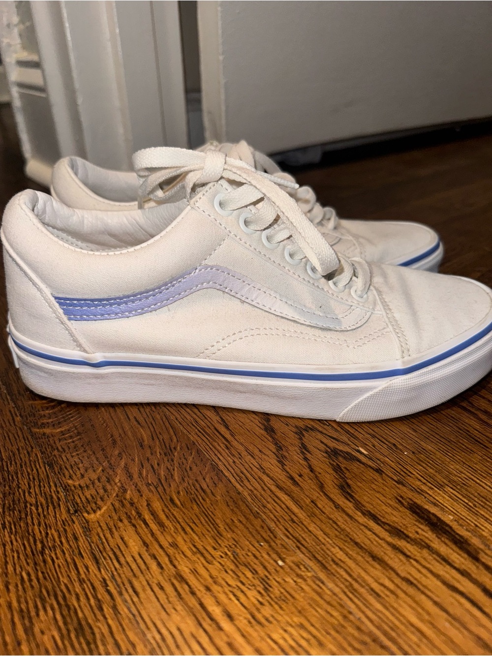 Vans Classic White Canvas Sneakers with Light Blue Stripe